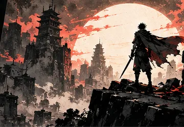 A lone swordsman on a cliff before a red sun and a ruined castle